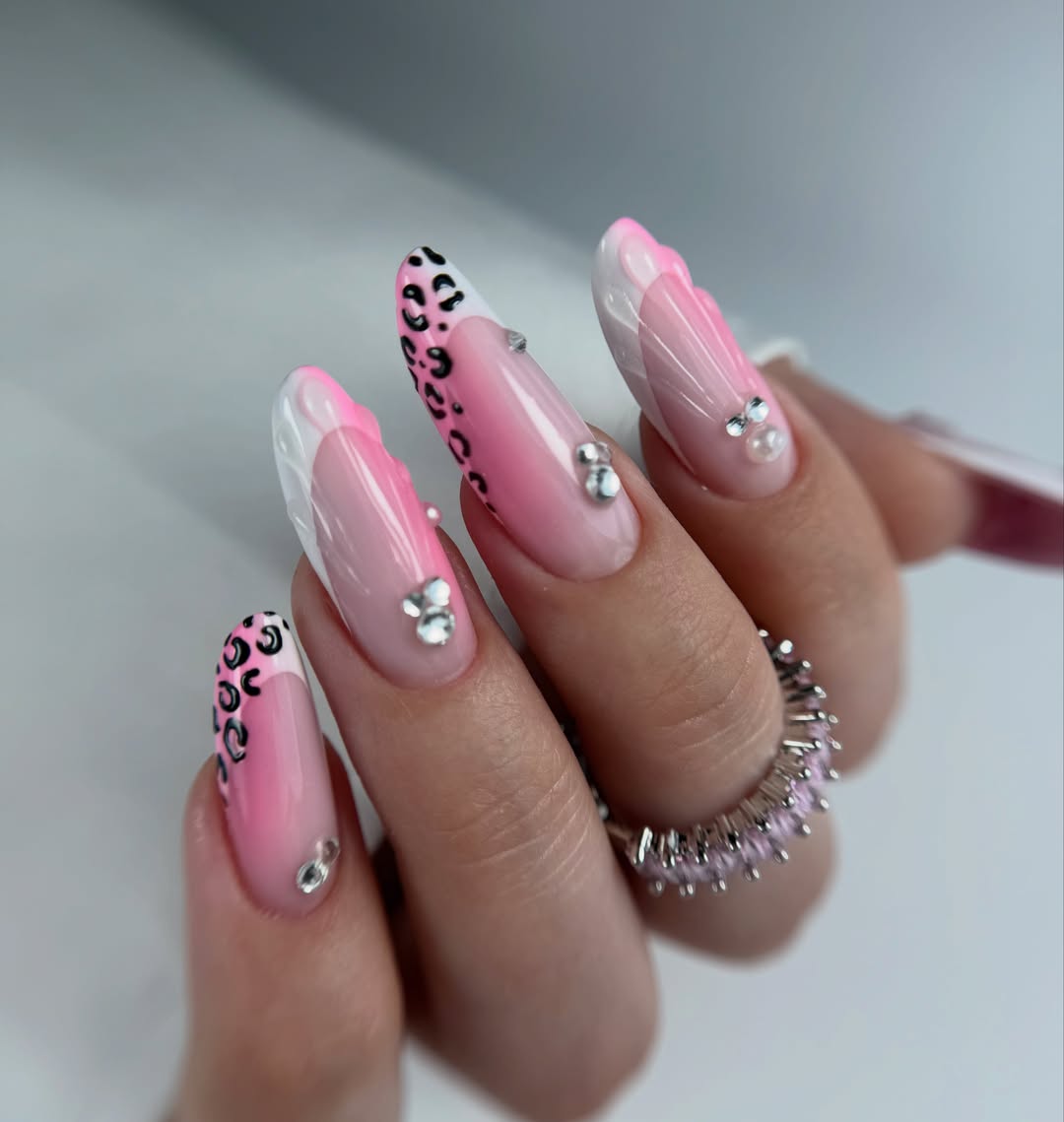 Pink Ombre Leopard Print French Tips with Rhinestones