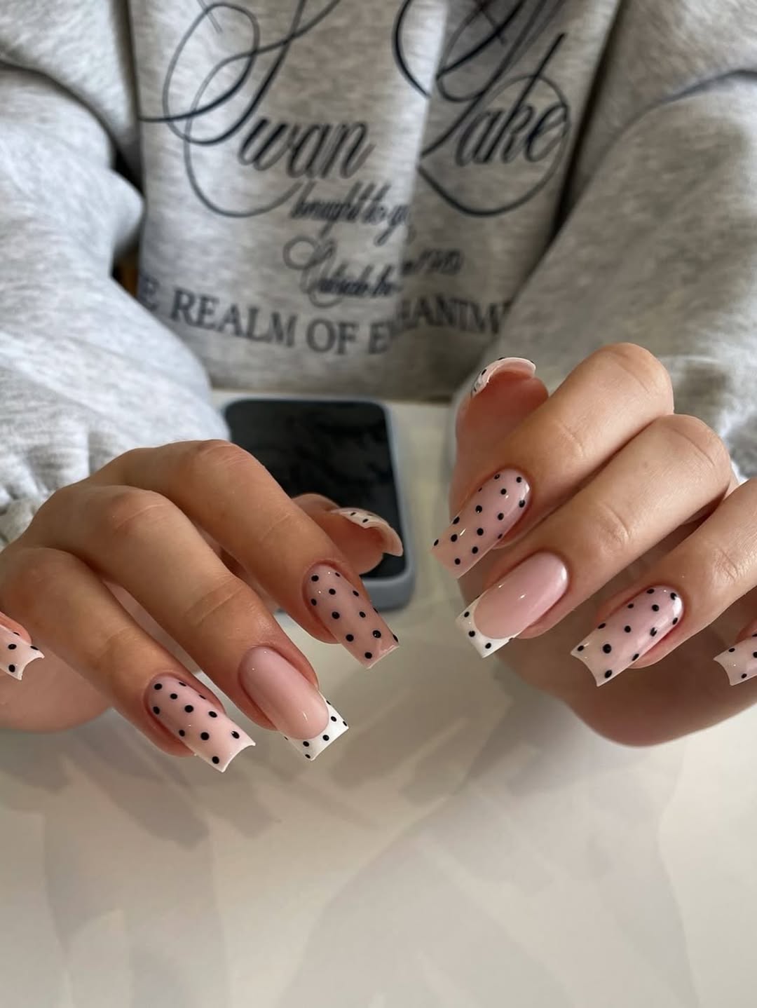 Pink Polka Dot French Tip Long Square Nails
