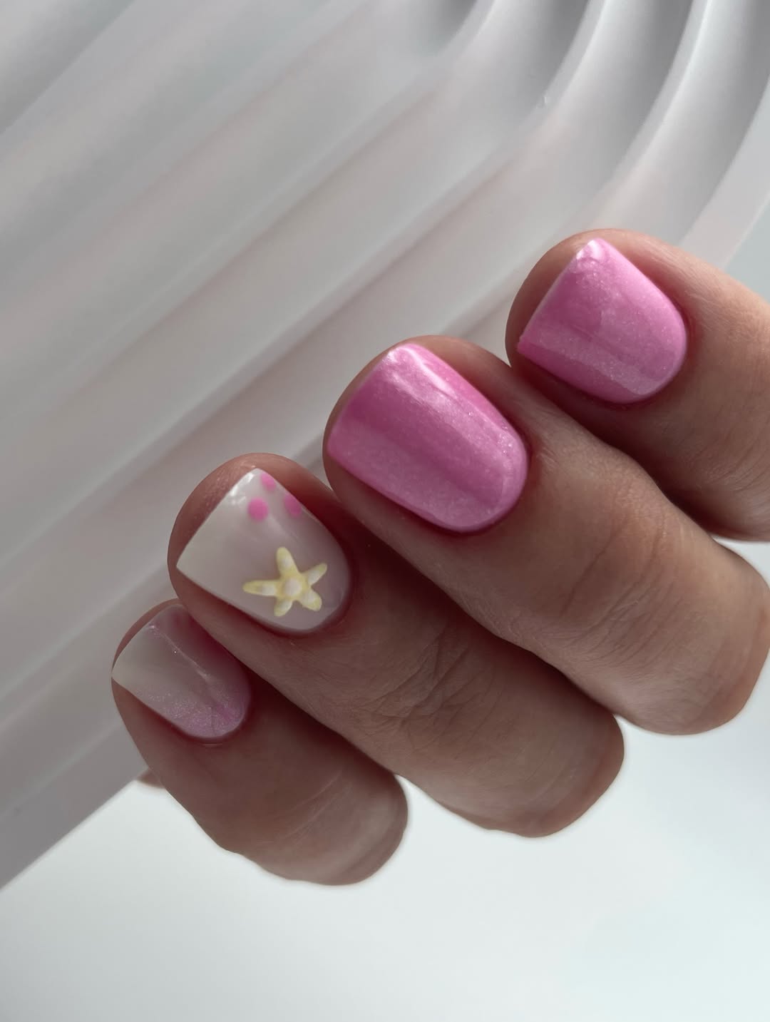 Pink Shimmer and Starfish Accent Short Square Gel Nails