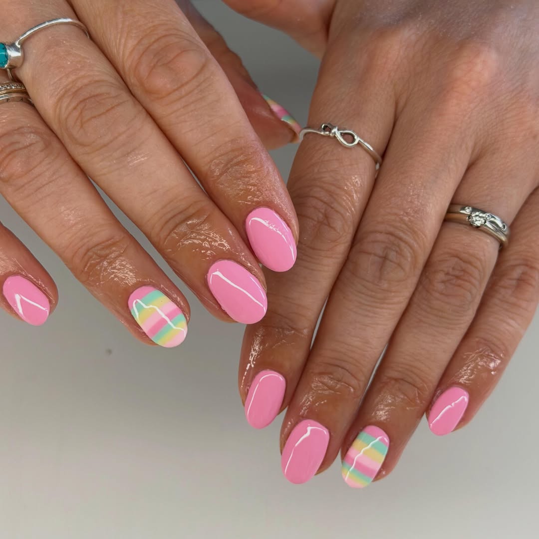 Pink Striped Whimsical Glossy Short Oval Nails