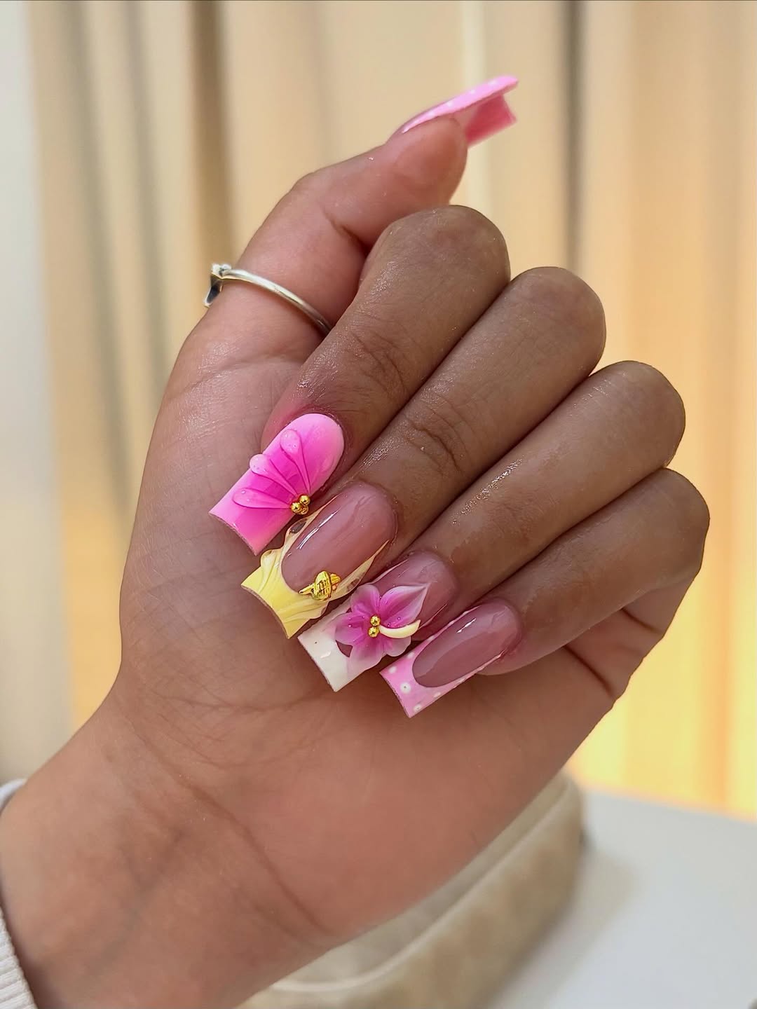 Pink Yellow 3D Floral Embellished French Tip Nails