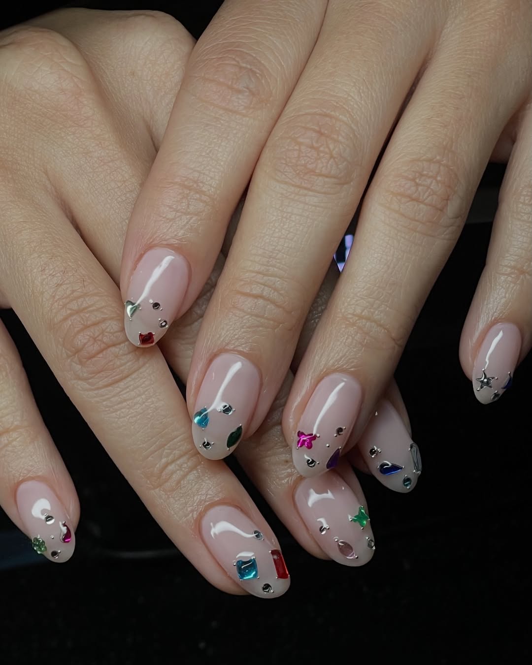 Playful Clear Jelly Rhinestone Almond Nails