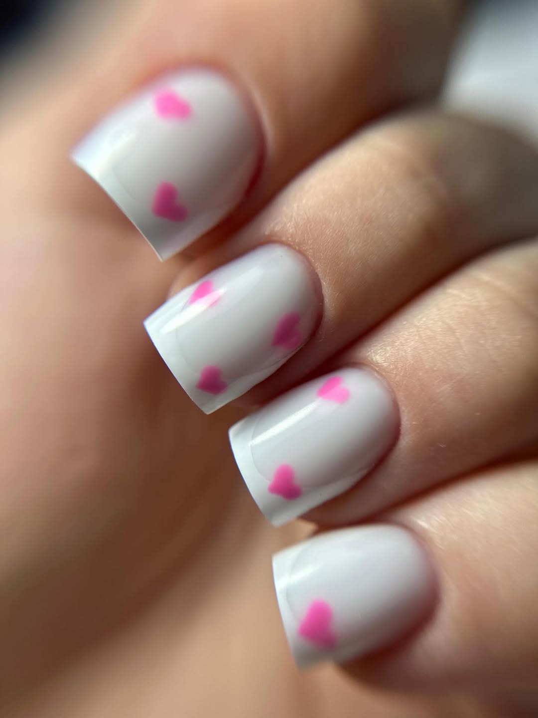 Playful Pink Heart Accent Milky White Squoval Nails