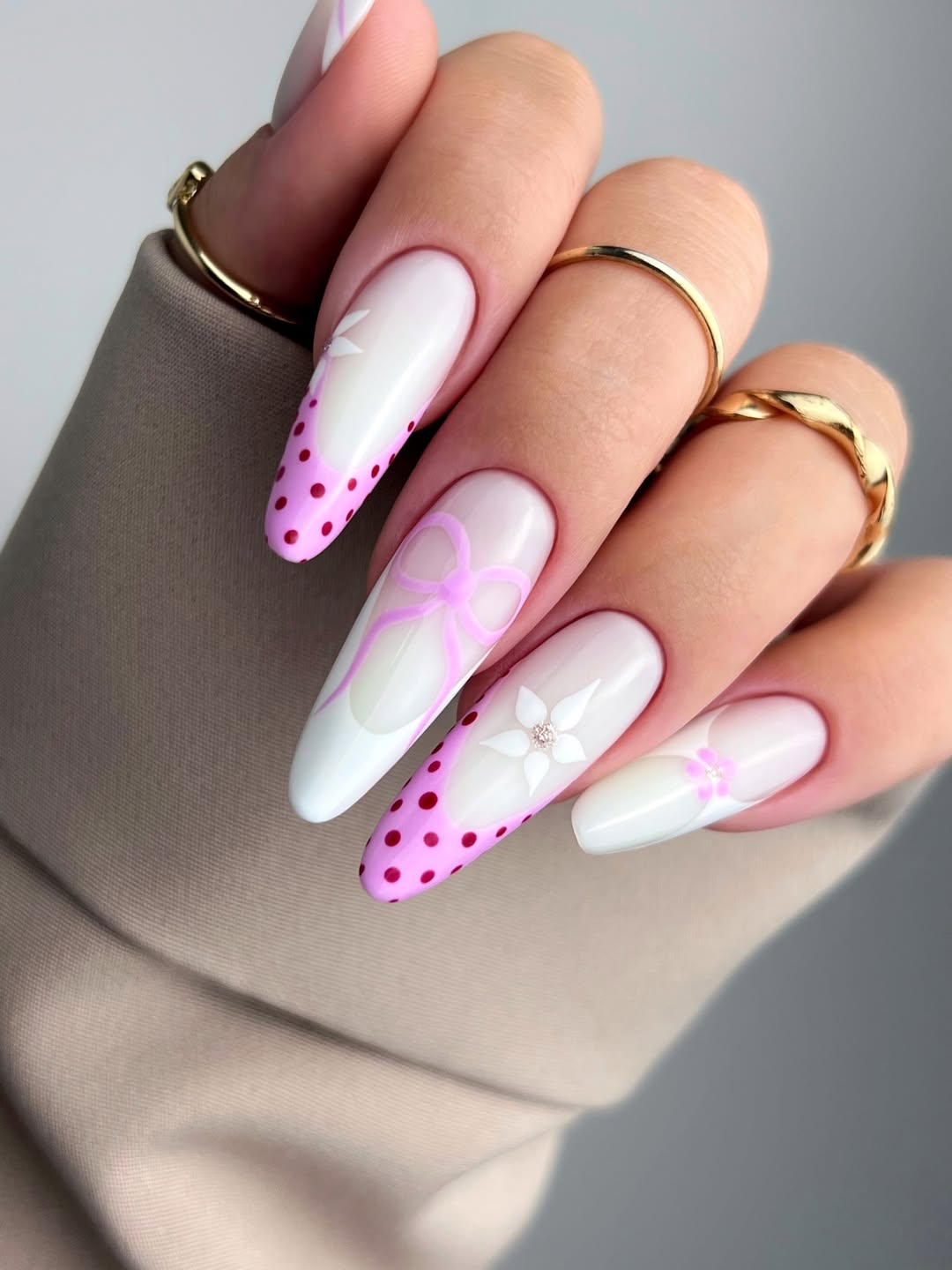 Playful Pink Polka Dot Bow French Tips