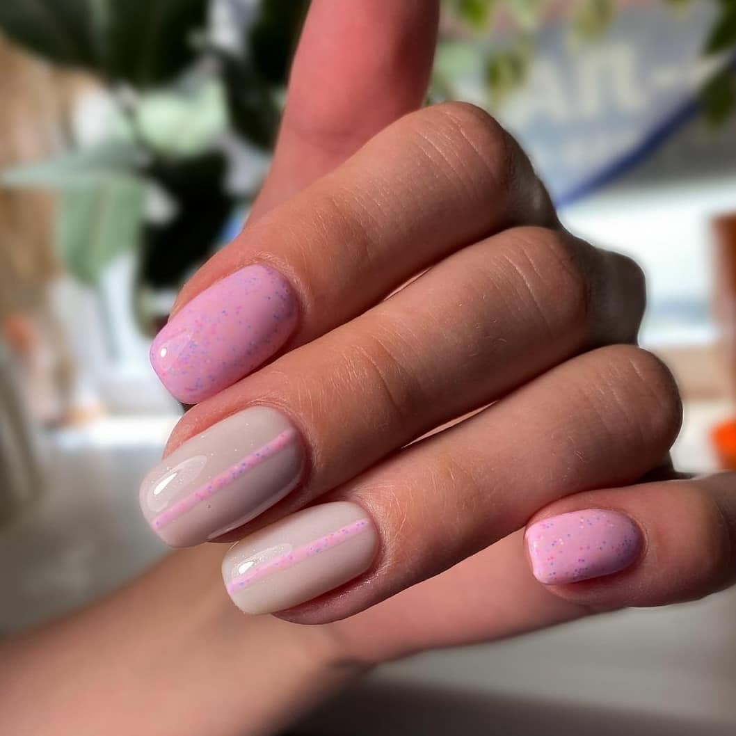Playful Pink Speckled and Striped Short Gel Nails