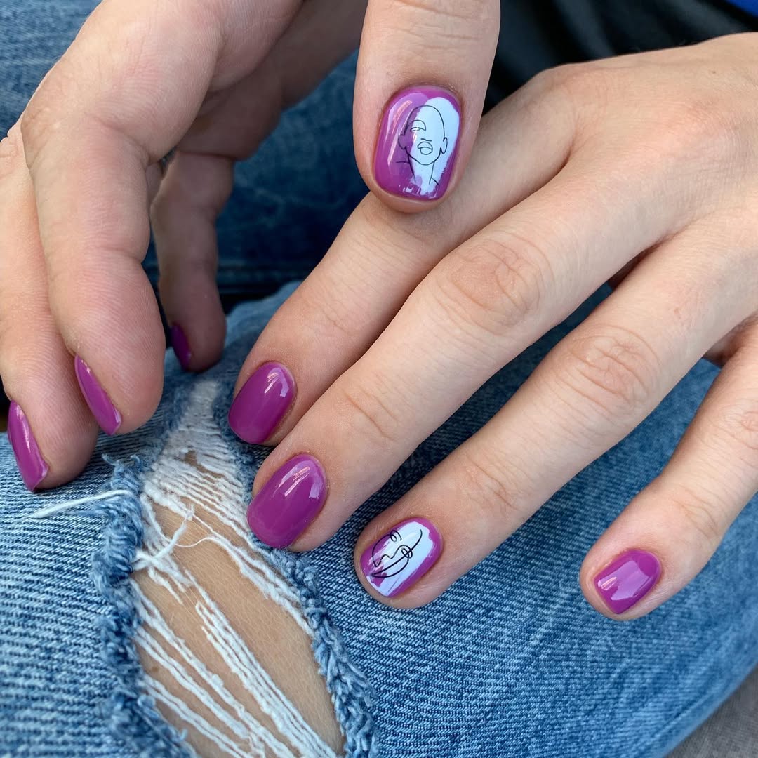 Playful Plum Purple Abstract Face Art Nails