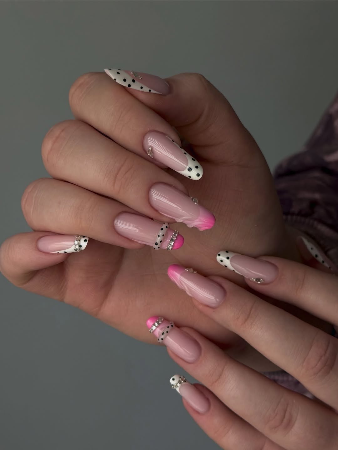 Playful Polka Dot Pink French Tip Almond Nails