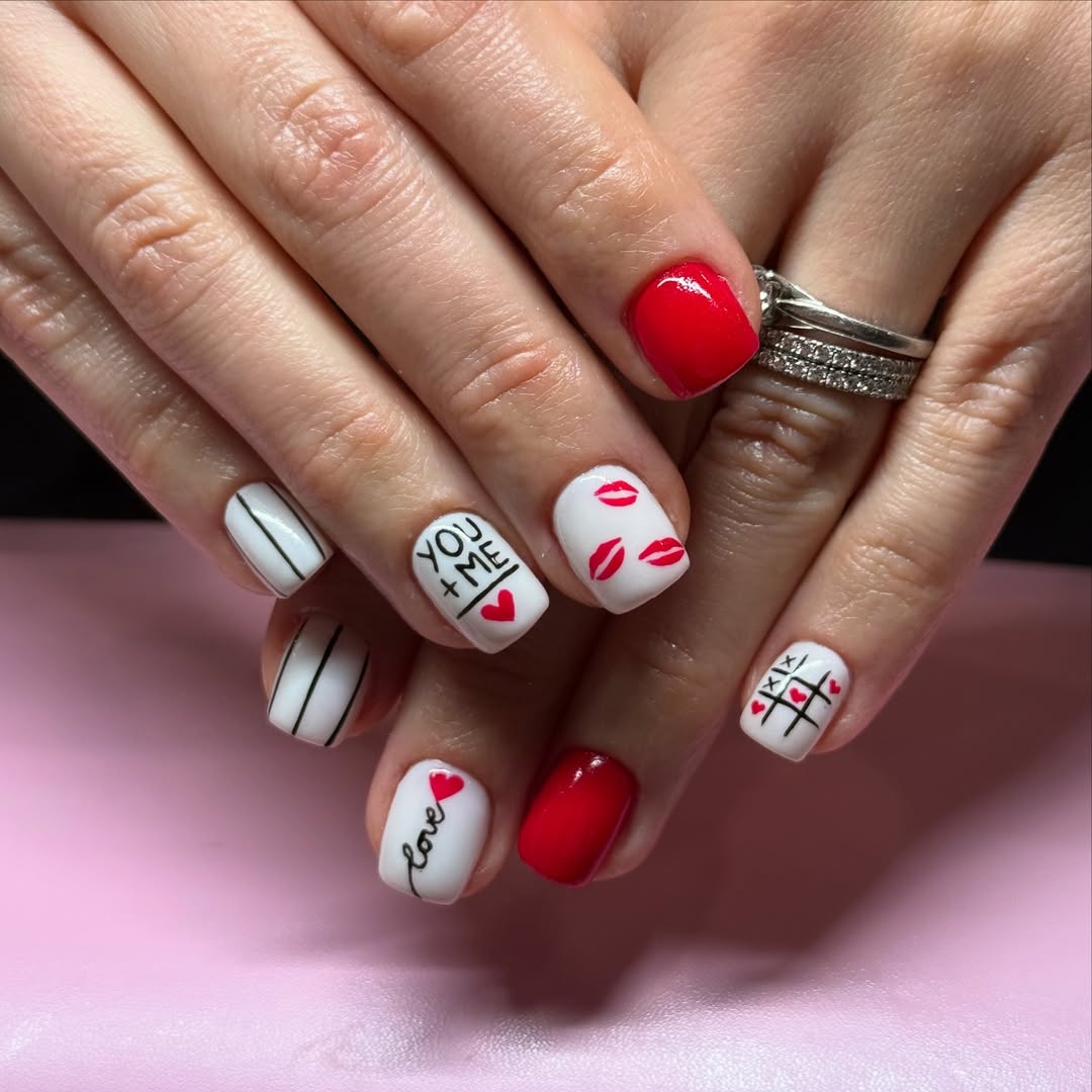 Playful Red And White Love Design Short Squoval Nails