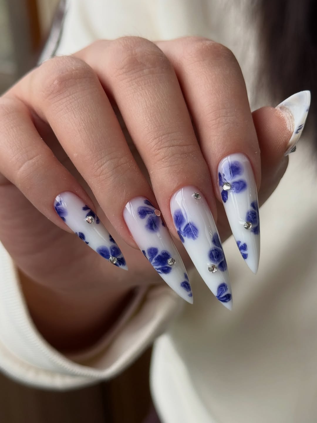 Porcelain Blue Floral Stiletto Rhinestone Nails