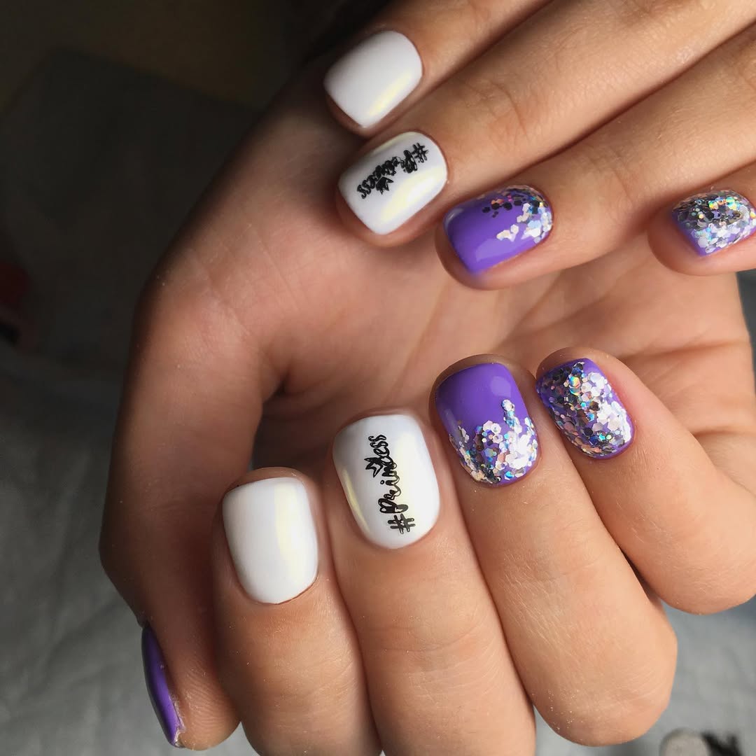 Purple Glitter White Princess Lettering Squoval Nails