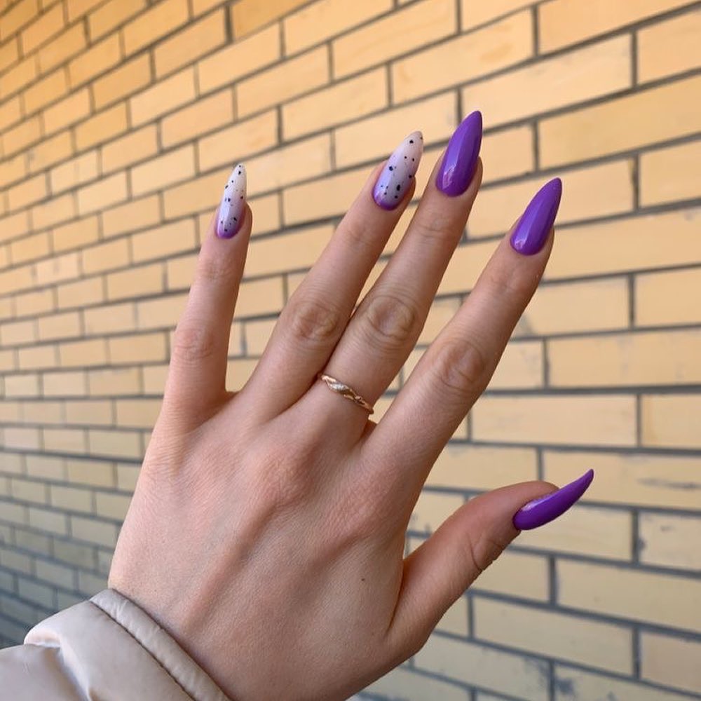 Purple Glossy Stiletto Speckled Accent Nails