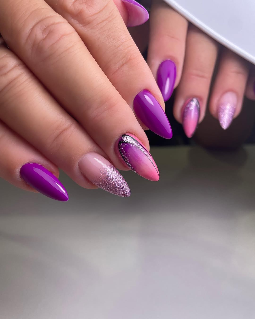 Purple Pink Glitter Ombre Stiletto Nails
