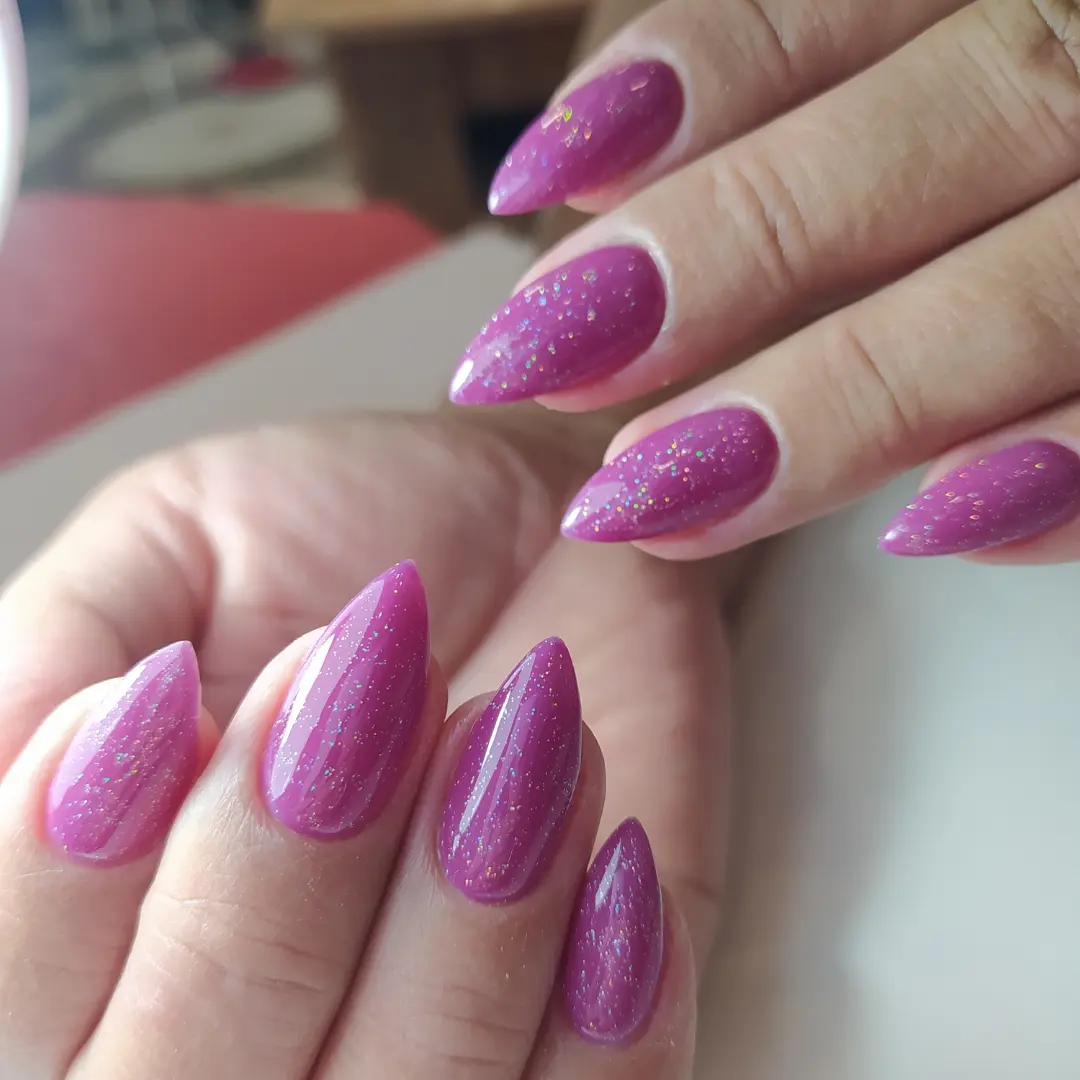 Radiant Magenta Jelly Glitter Stiletto Nails