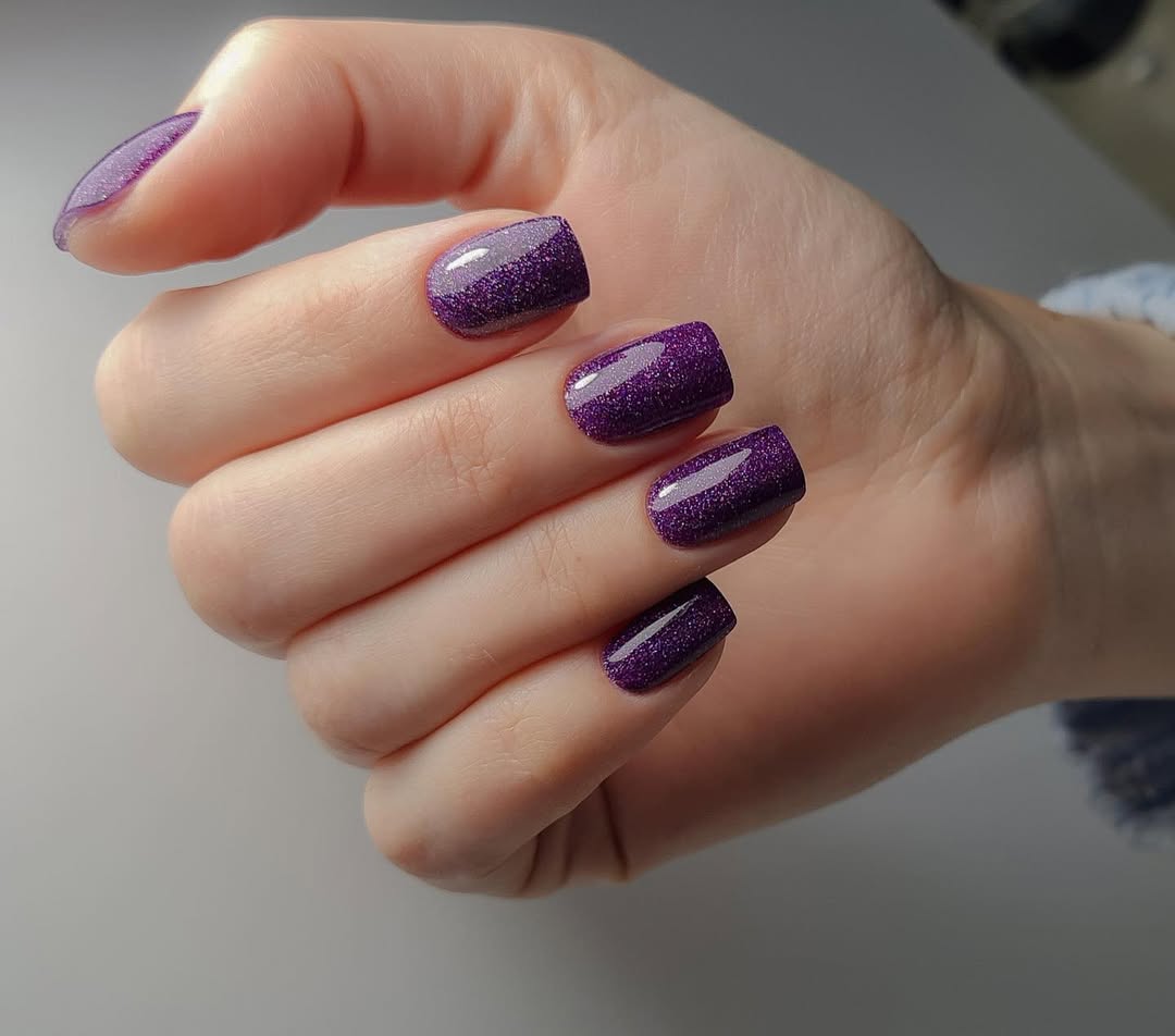 Radiant Purple Glitter Short Square Nails
