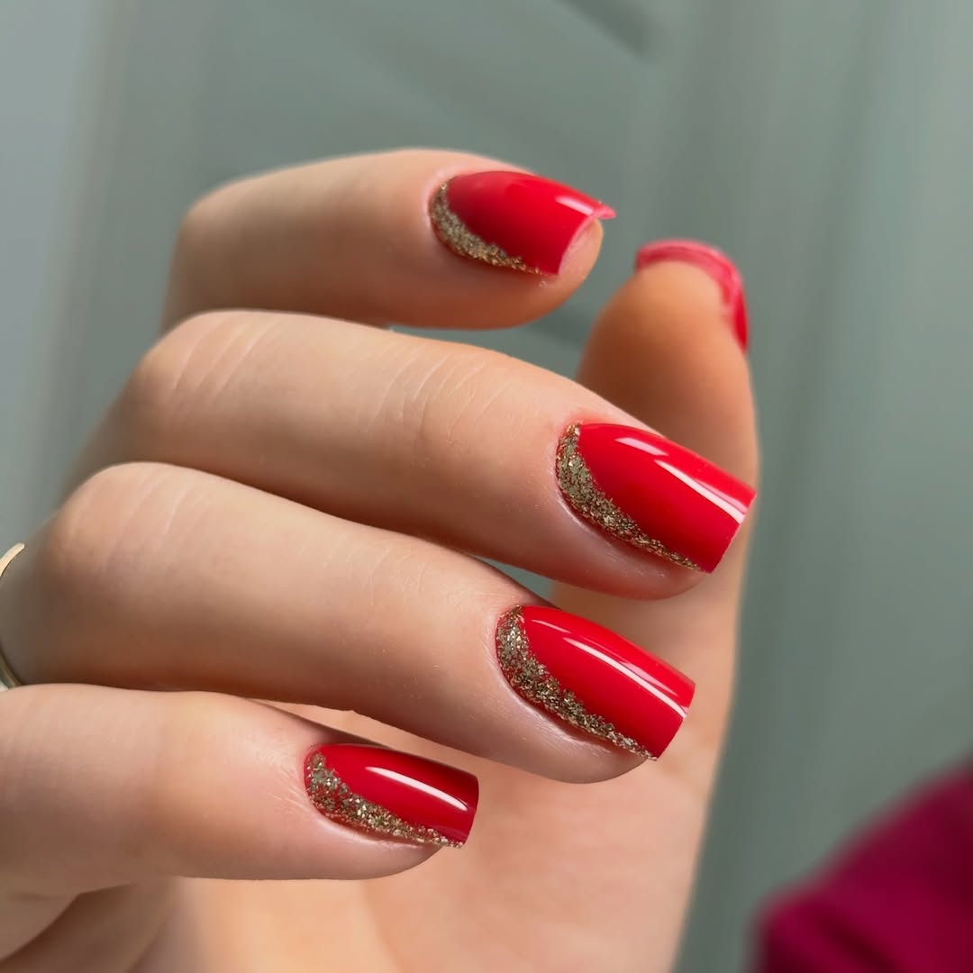 Radiant Red Square Nails with Golden Glitter Cuticle Arc