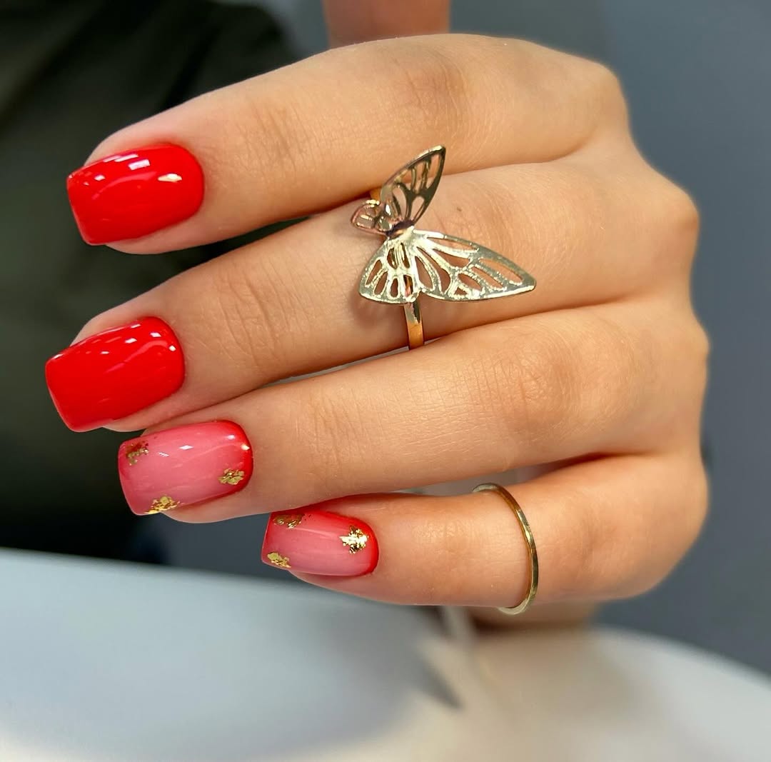 Radiant Red To Rose Gold Flake Manicure