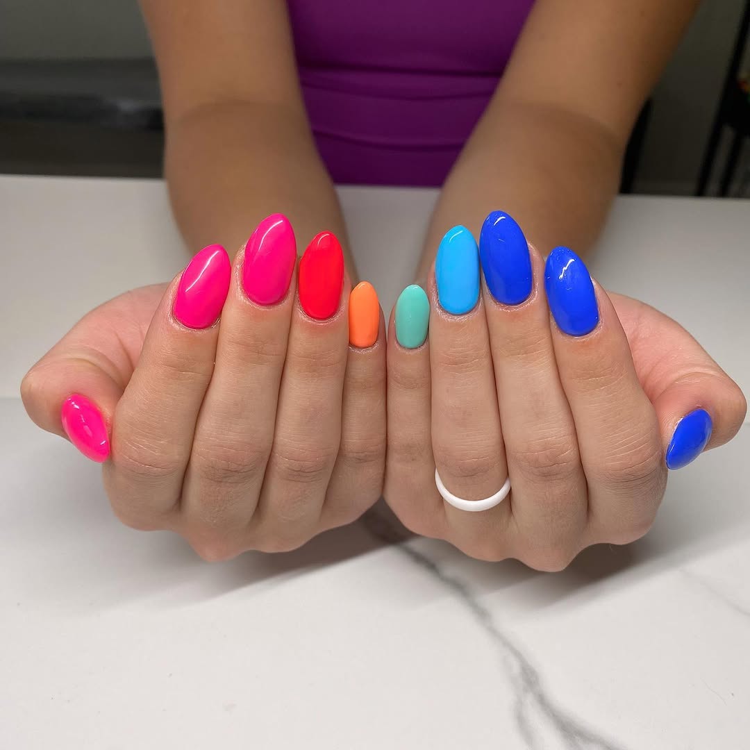 Rainbow Bright Gradient Glossy Almond Nails