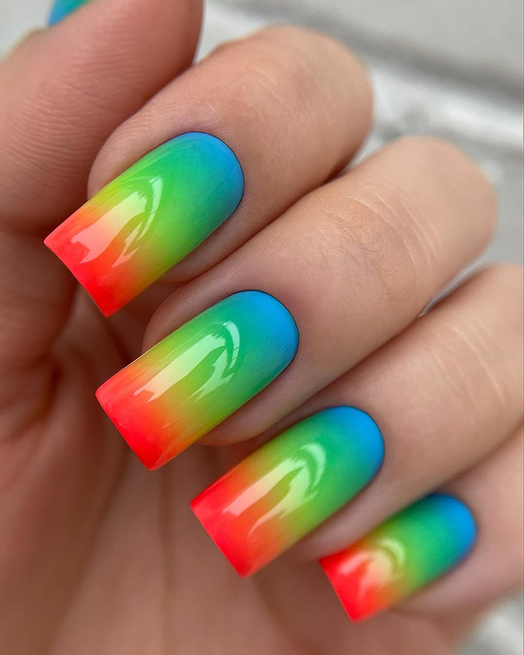 Rainbow Ombre Glossy Square Summer Nails