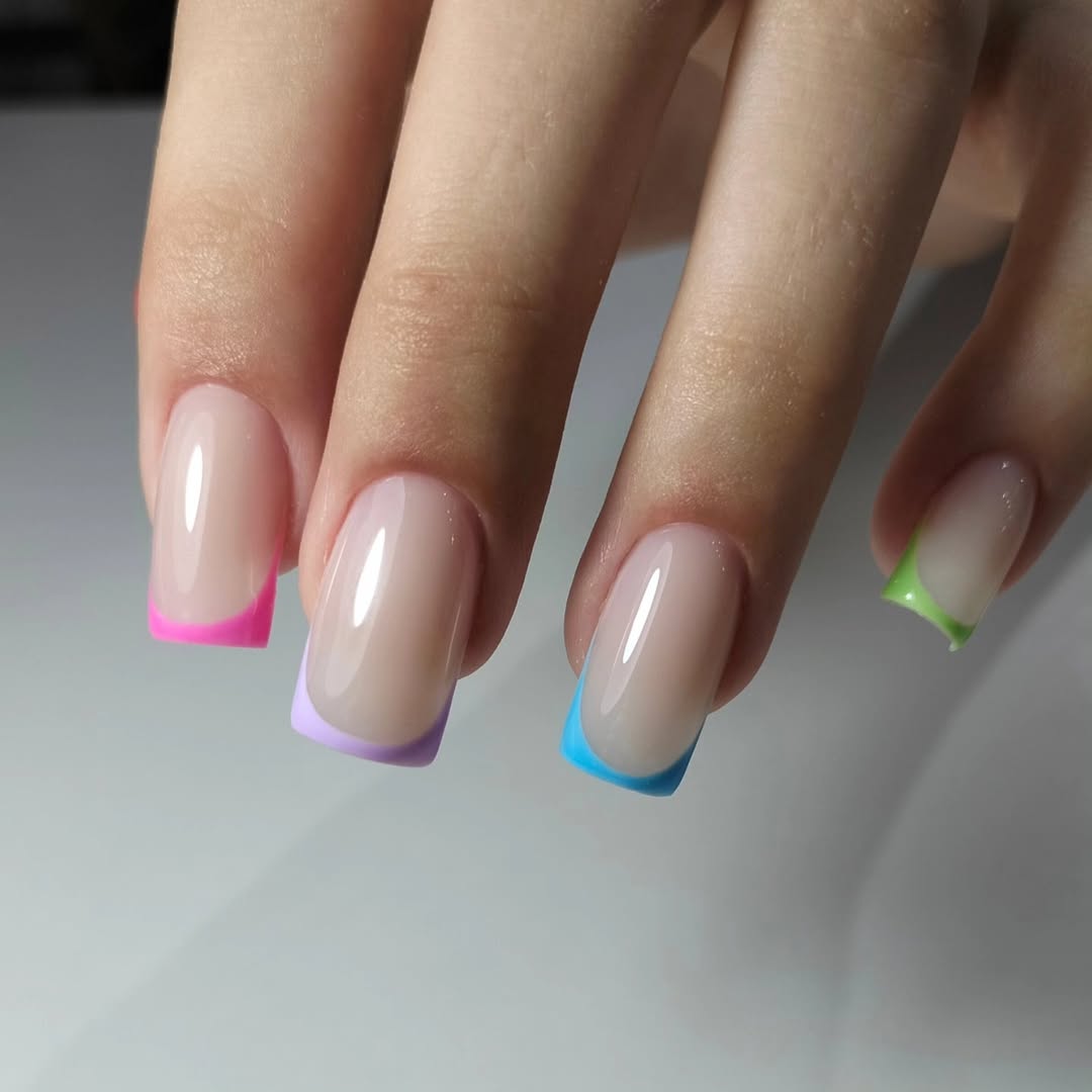 Rainbow Pastel French Tip Square Gel Nails