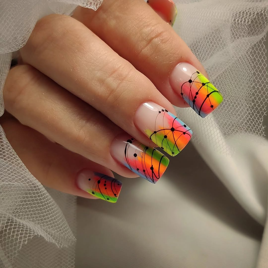 Rainbow Sunset Ombre French Tips With Black Abstract Lines