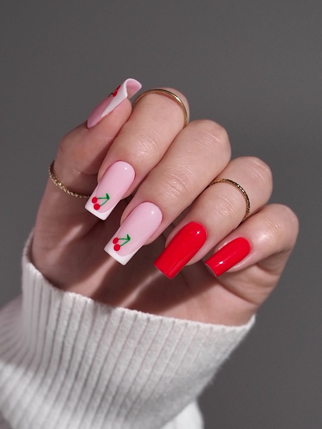 Red And Pink Cherry French Tip Nails