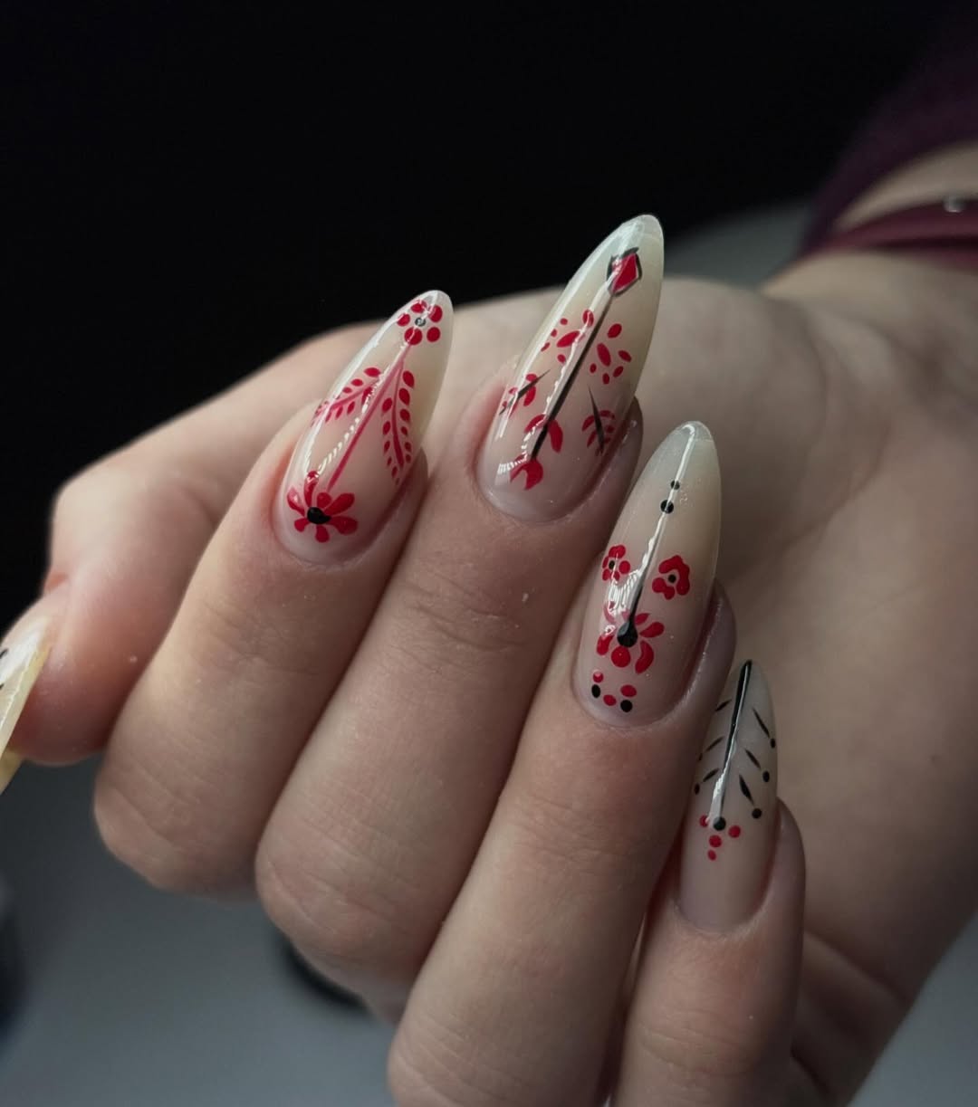 Red Floral Painted Clear Glossy Almond Nails