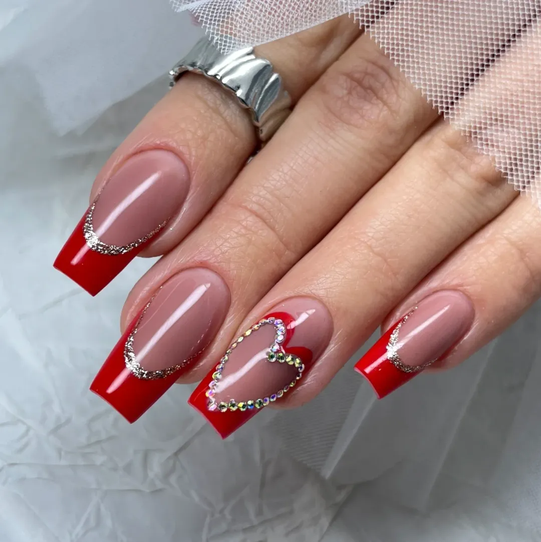 Red French Tip Glam Square Nails with Crystal Heart