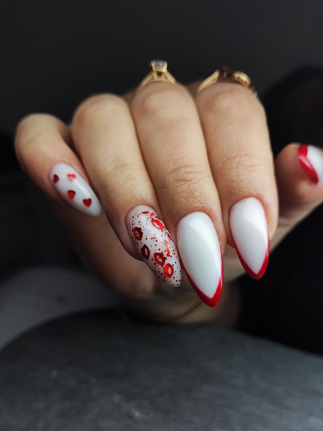 Red Hearts and French Tip Almond Nails