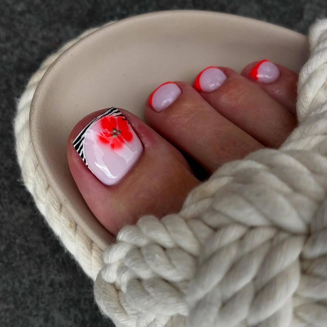 Red Ombre Flower and Neon French Pedicure