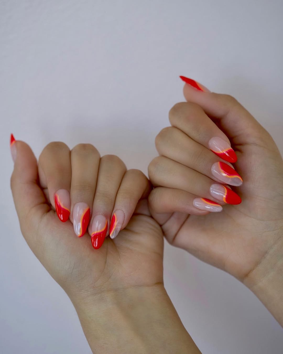 Red Orange Swirl Almond Abstract Nails