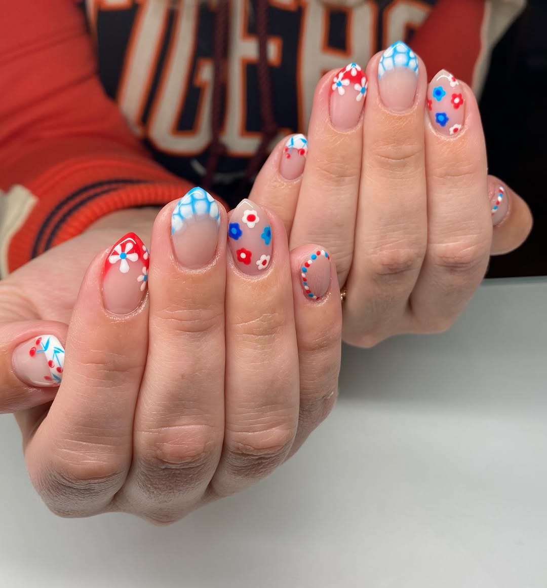 Red White Blue Floral Wavy French Tips