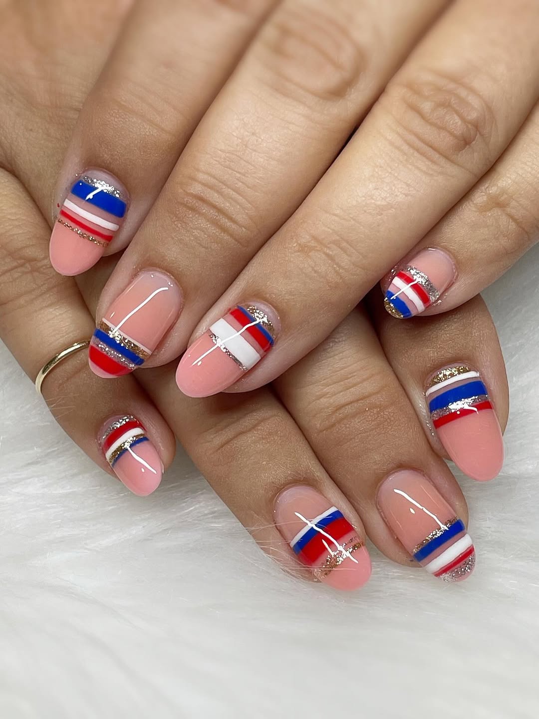 Red White Blue Gold Glitter Stripe Nails