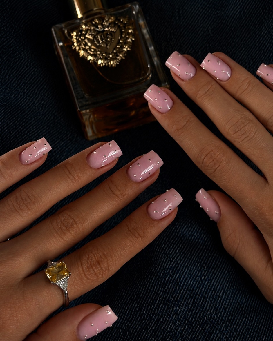 Rhinestone Embellished Baby Pink Square Glossy Nails