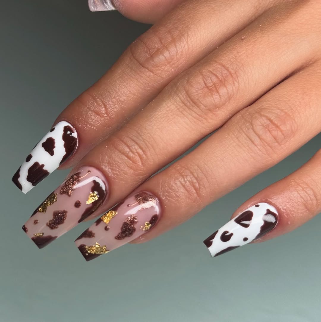 Rich Brown Cow Print Gold Flake Long Coffin