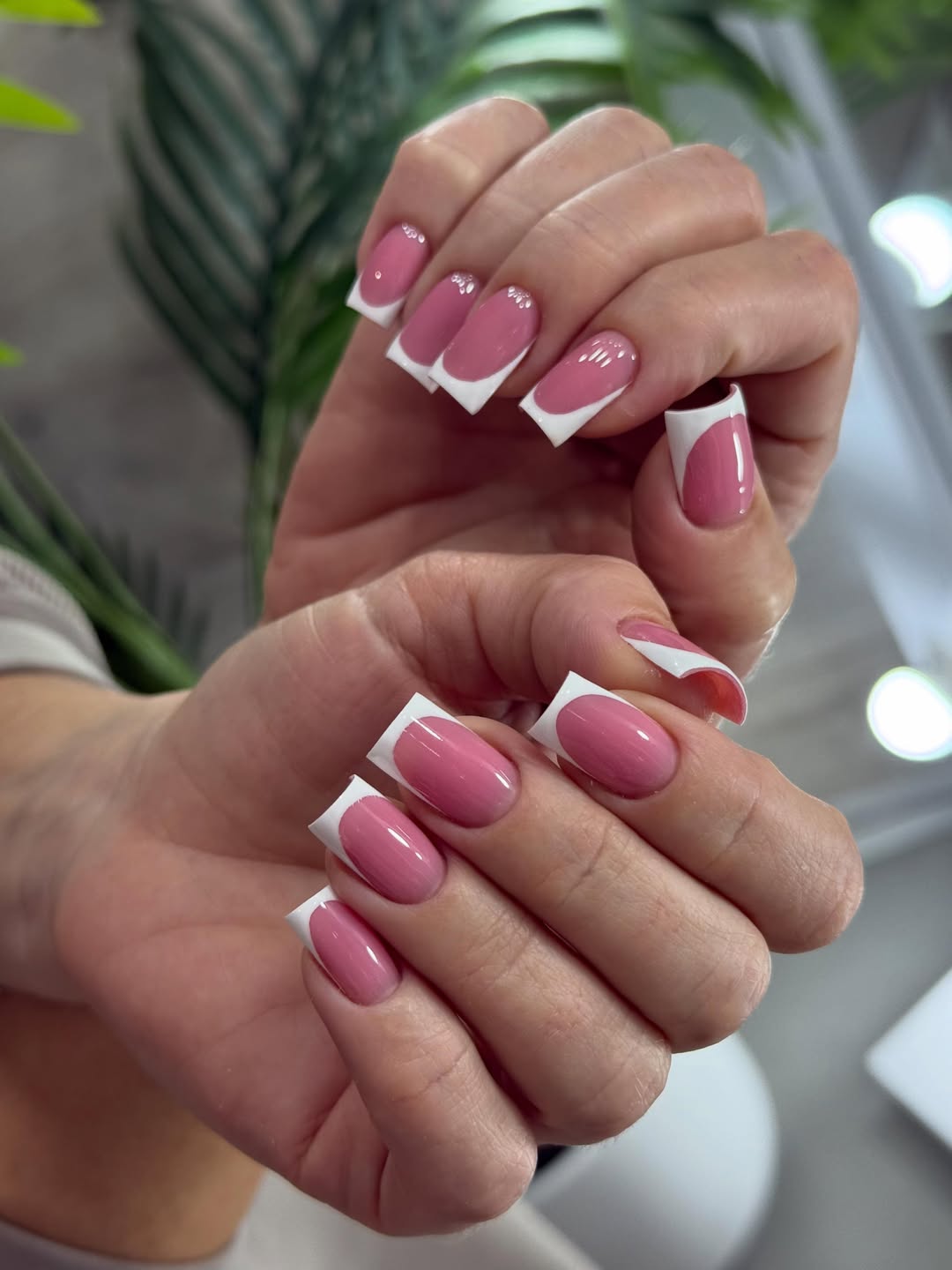 Rose Pink Classic French Tips With Rhinestone Details