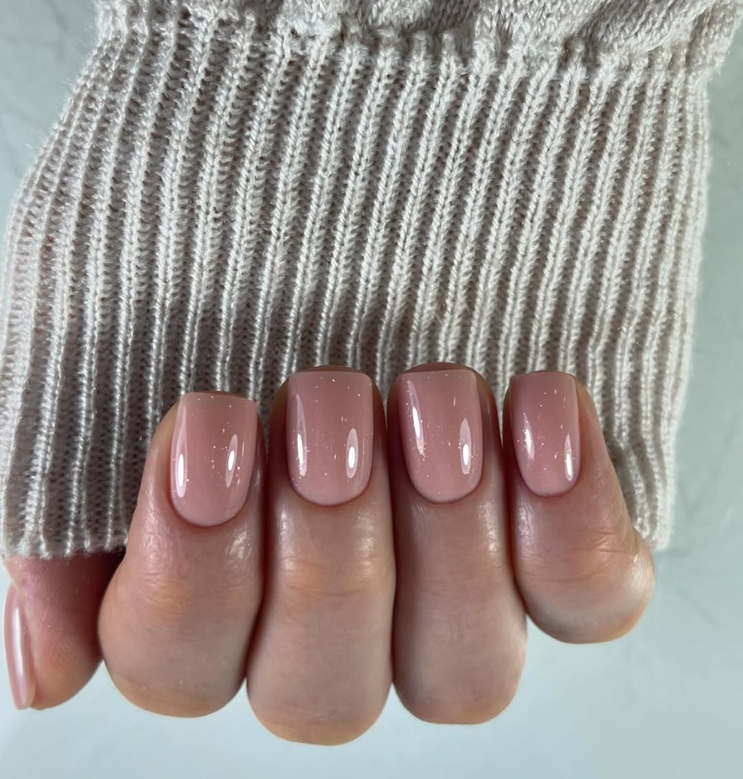 Rosy Nude Glitter Glossy Short Square Gel Nails