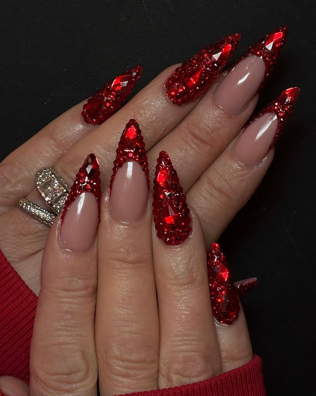 Ruby Red Rhinestone Stiletto French Tips