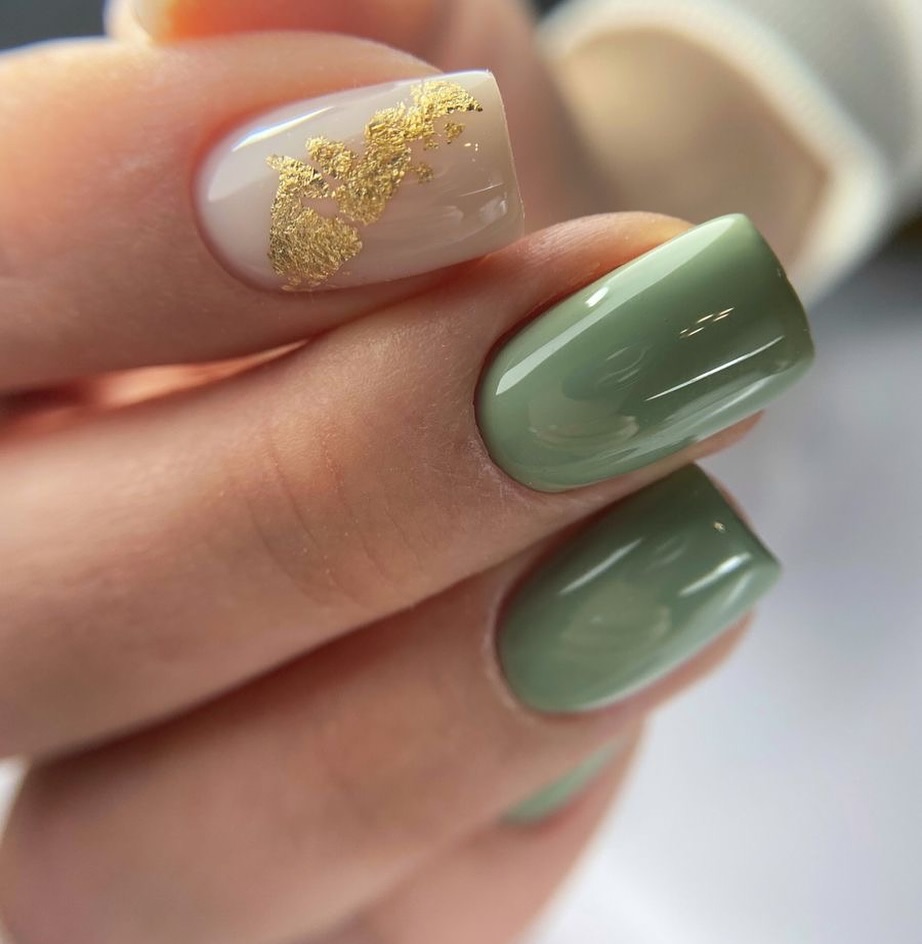 Sage Green and Gold Foil Short Square Nails