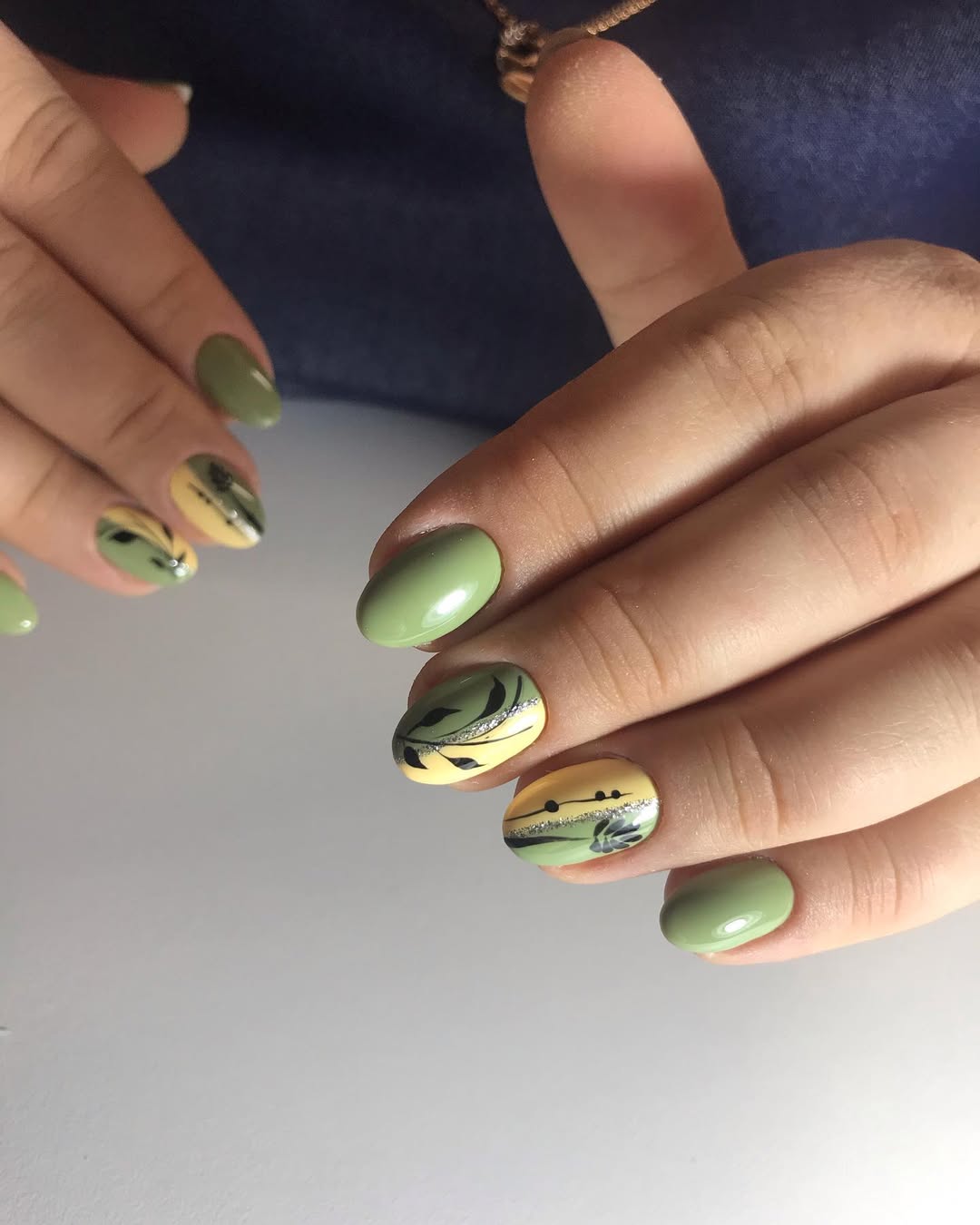 Sage Green and Yellow Botanical Gel Nails with Glitter