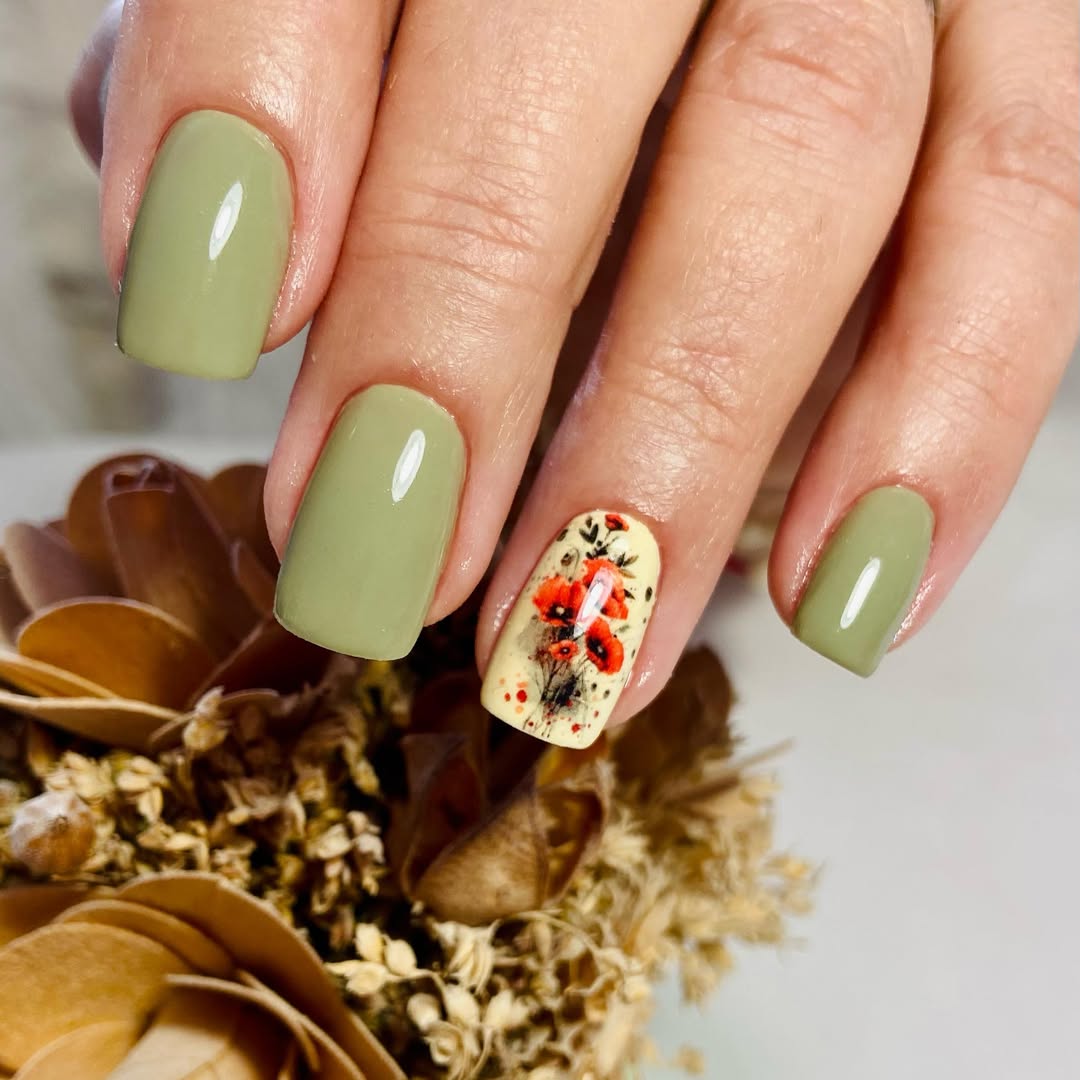 Sage Green Poppy Floral Accents Summer Nails