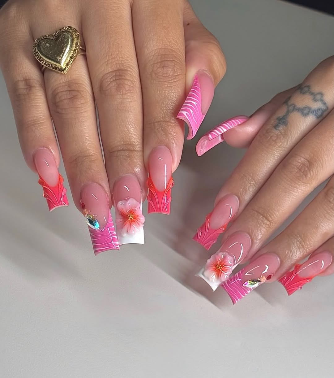 Sculpted French Tips with Neon Pink 3D Flowers