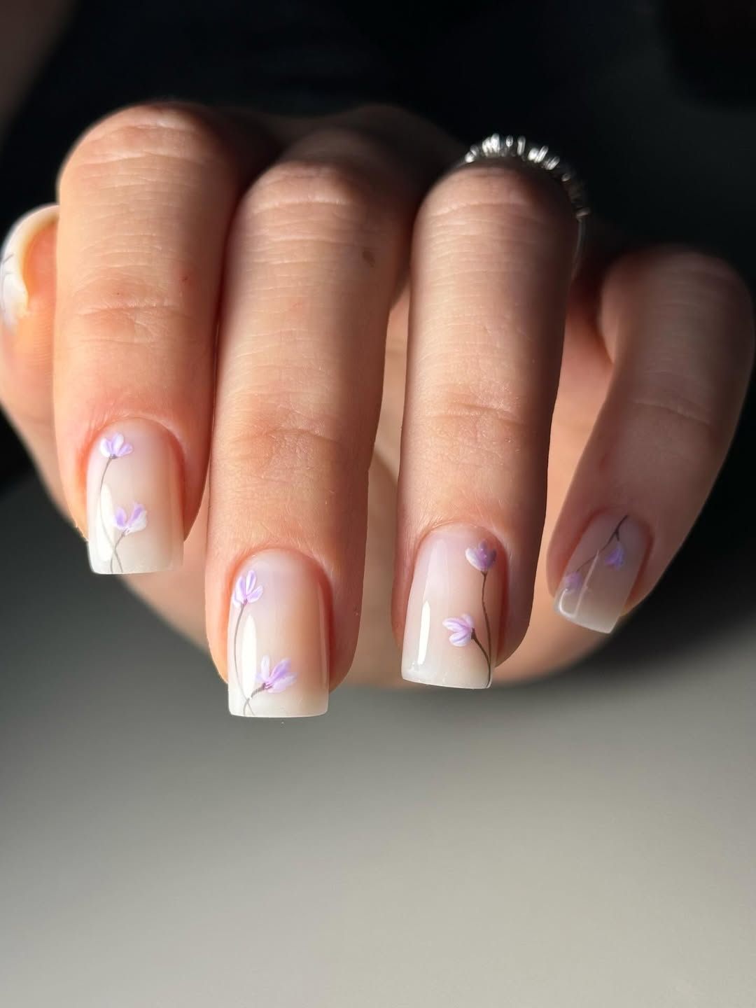 Sheer Milky White Floral Painted Squoval Nails