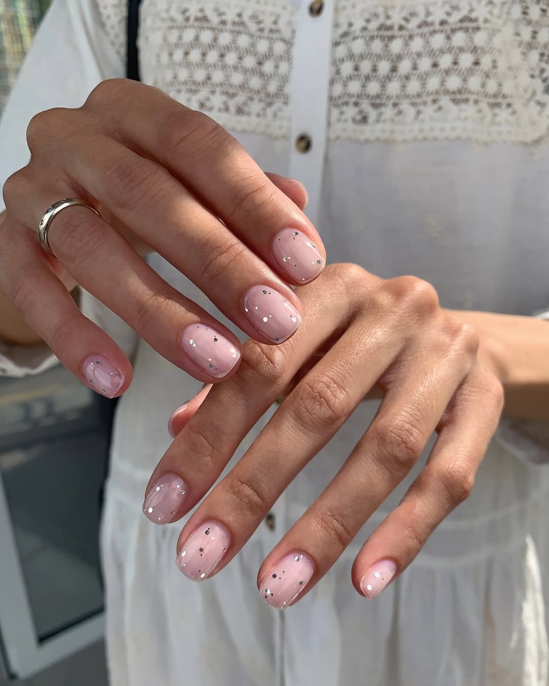 Sheer Pink Glitter Confetti Short Oval Nails