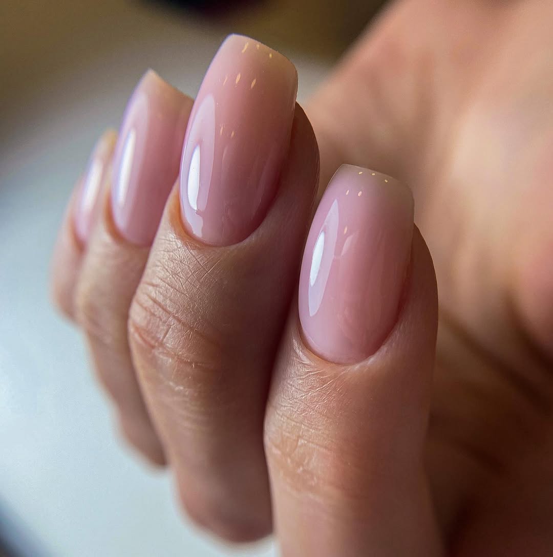 Sheer Pink Glossy Round Medium Length Nails