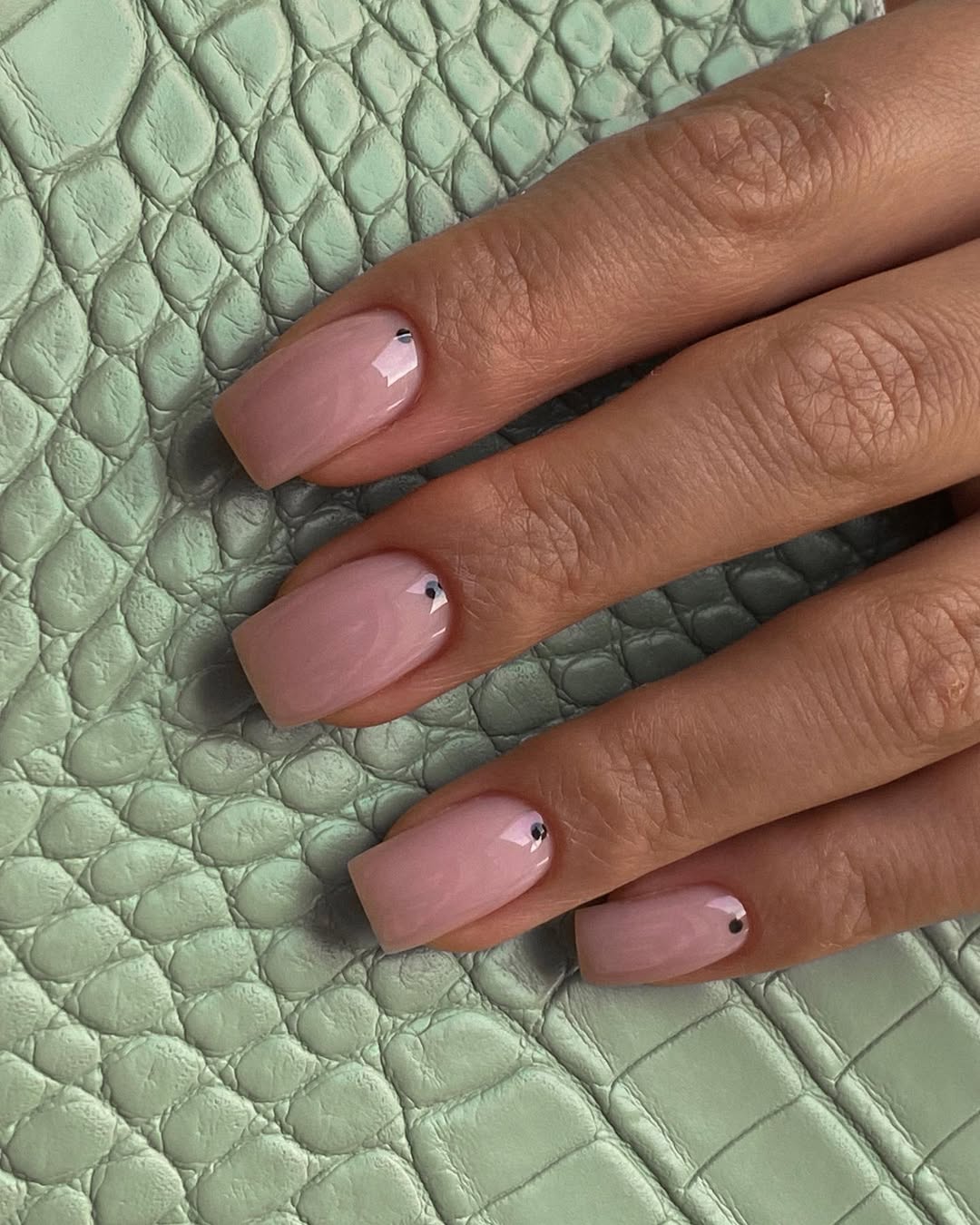 Sheer Pink Glossy Square Nails with Rhinestone Detail