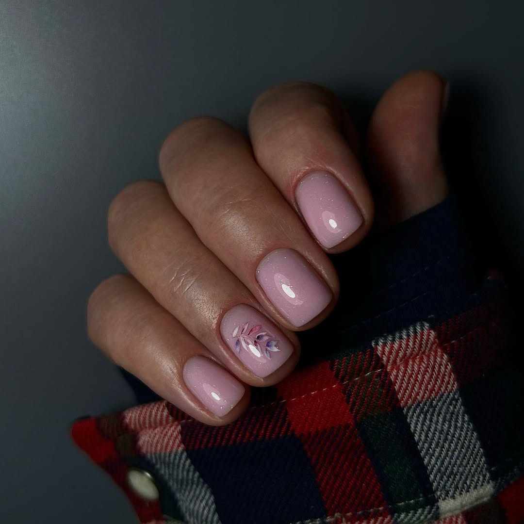 Shimmer Pink Squoval Nails with Leaf Accent