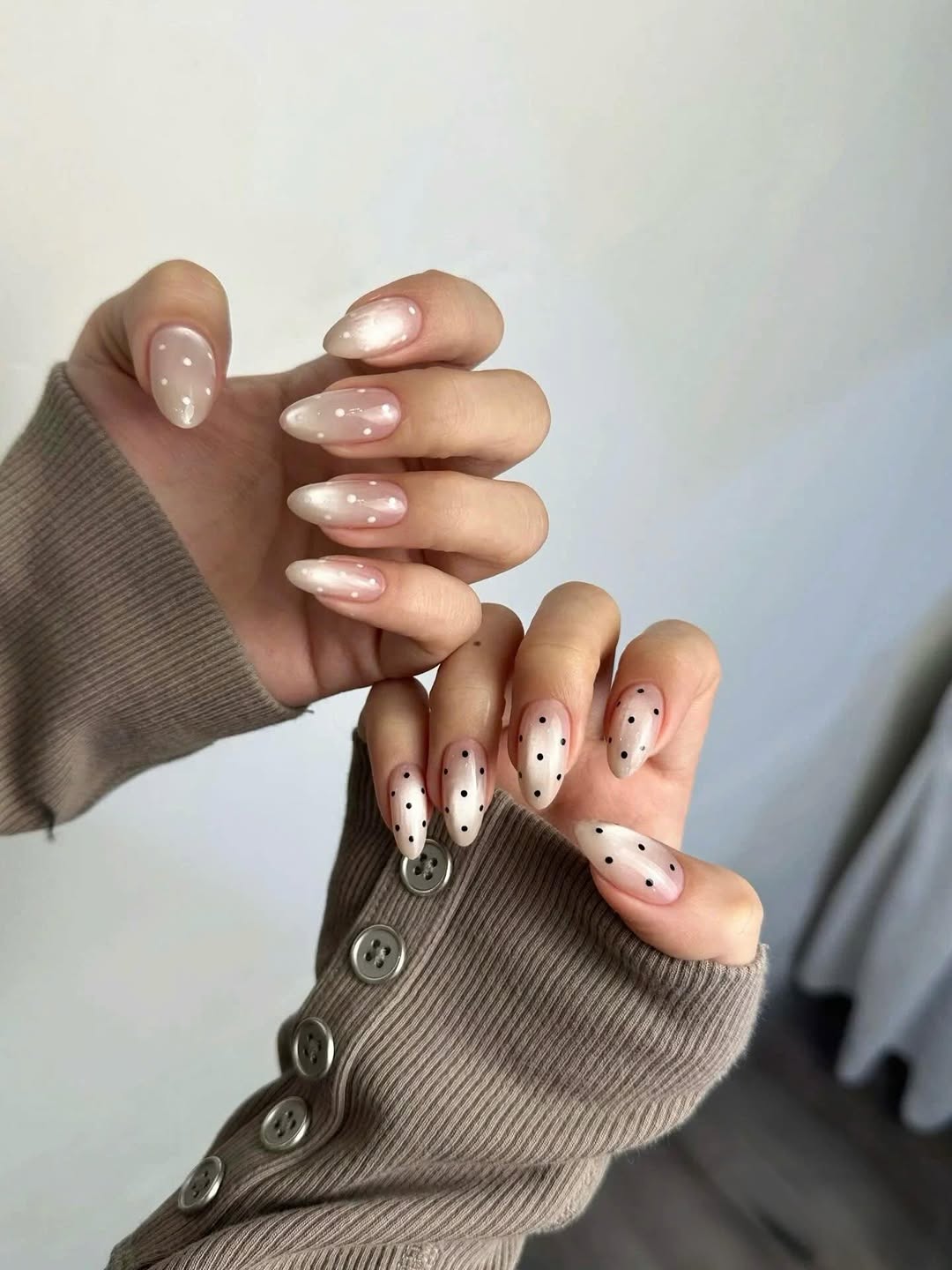 Shimmer Polka Dot Almond Nude Ombre Nails