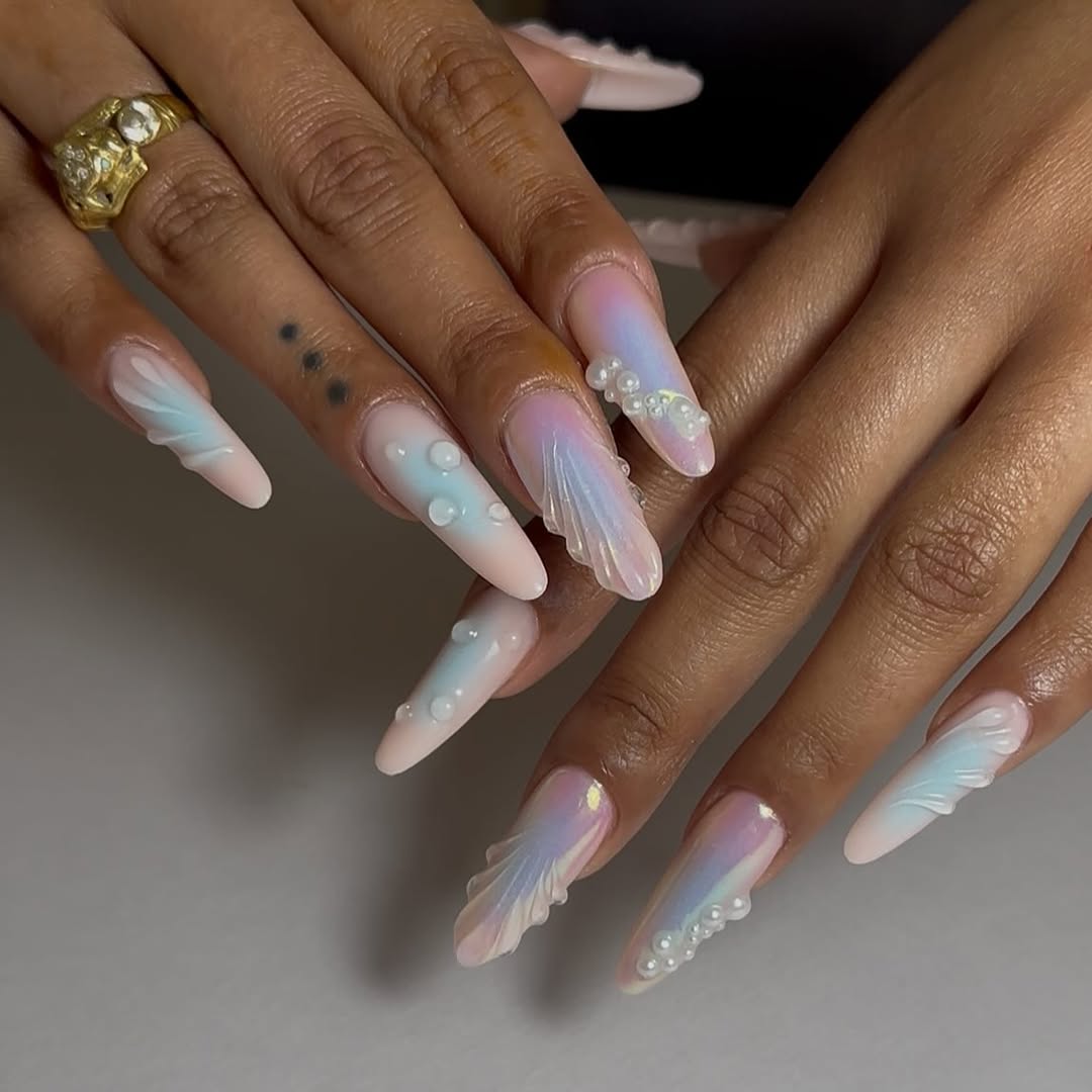 Shimmering Ocean Glam Stiletto 3D Pearl Nails
