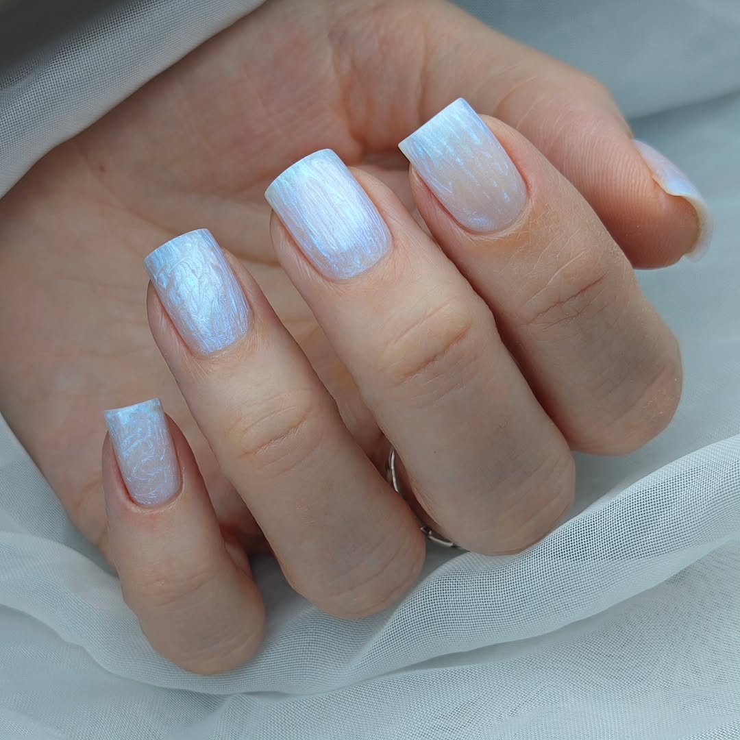 Shimmering White Iridescent Square Coffin Nails