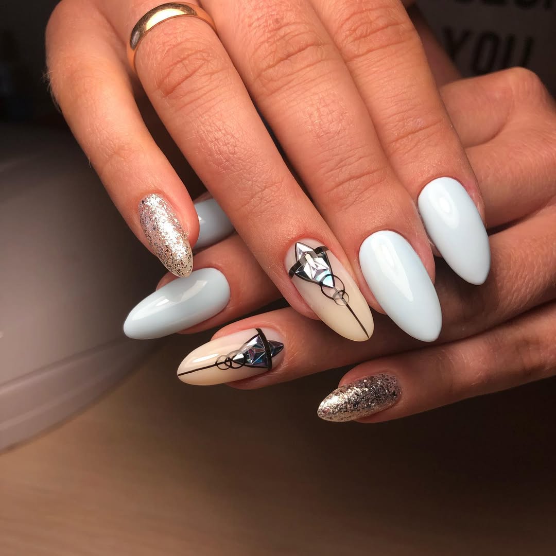 Sky Blue Almond Glitter Rhinestone Accent Vacation Nails